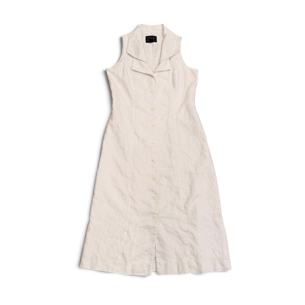 Spenser Jeremy Petites Linen Dress Womens 10 Cream Embroidered Button Front Midi